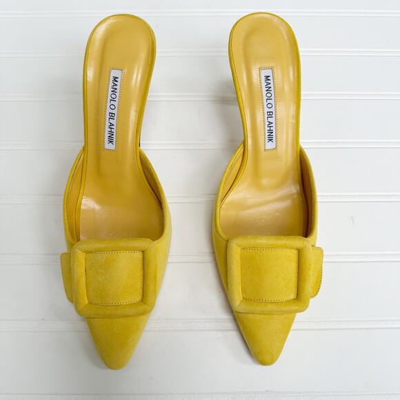 Manolo Blahnik Maysale Yellow Suede Mule Slip-On Kitten Heel Pumps 37.5 Buckle - Picture 8 of 8
